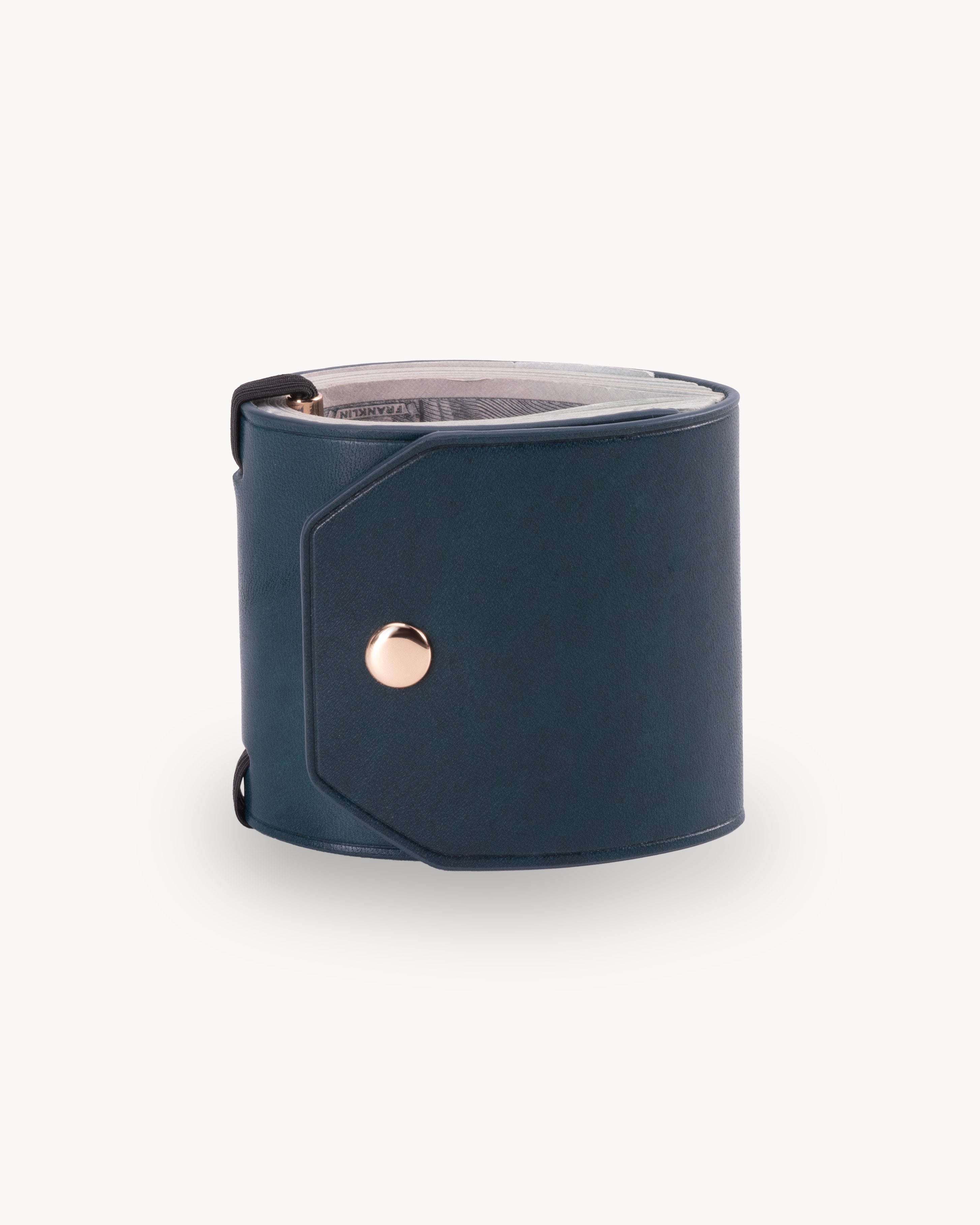 Blue full grain leather cash wrap wallet detail view 4
