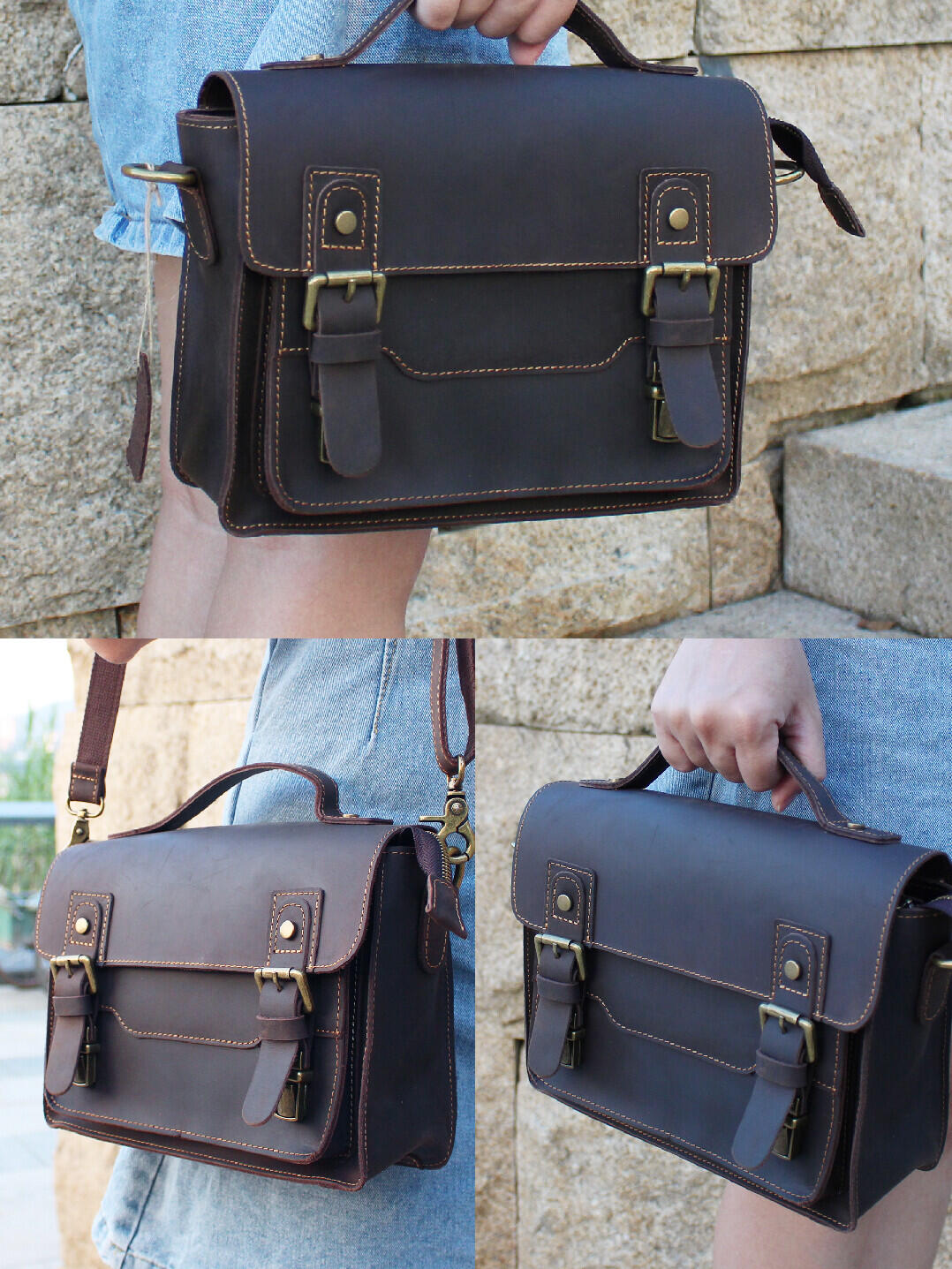 Brown leather messenger satchel shown in hand and shoulder carry views
