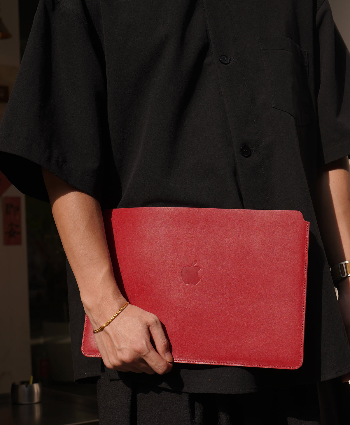 Red Glossy Finished Full-Grain Leather Laptop Sleeve