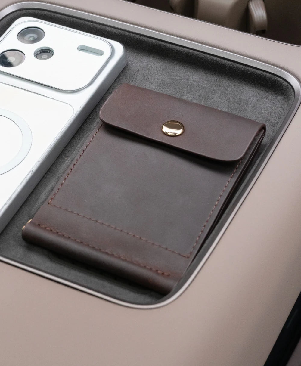 Dark brown Crazy Horse leather money clip wallet in everyday use