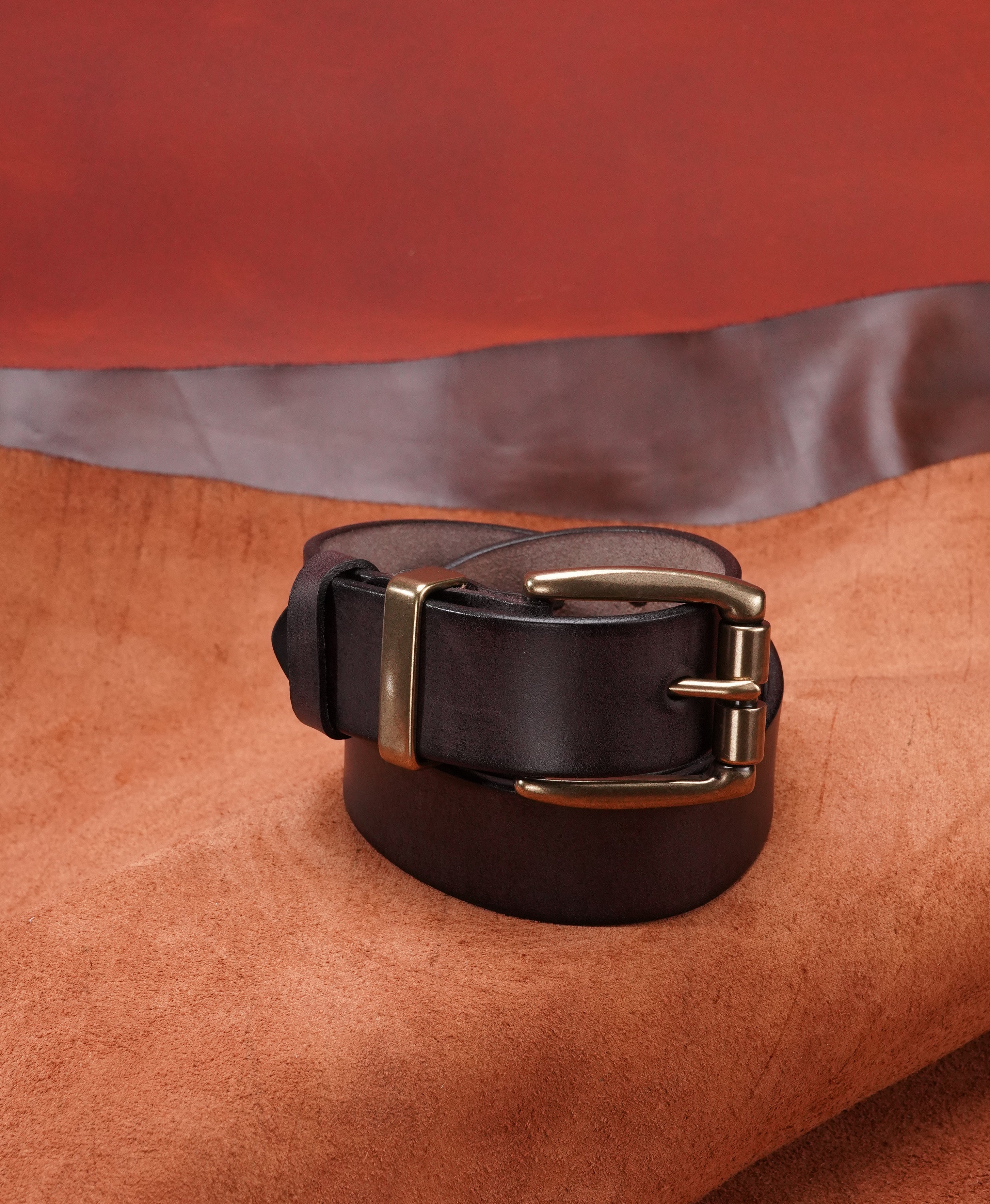 Dark Brown Vegetable-Tanned Top-Grain Leather Belt with Heavy Brass Buckle - product view 6