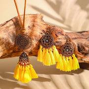 Colar vintage boho-chic com borla em camadas de madeira e brincos 319