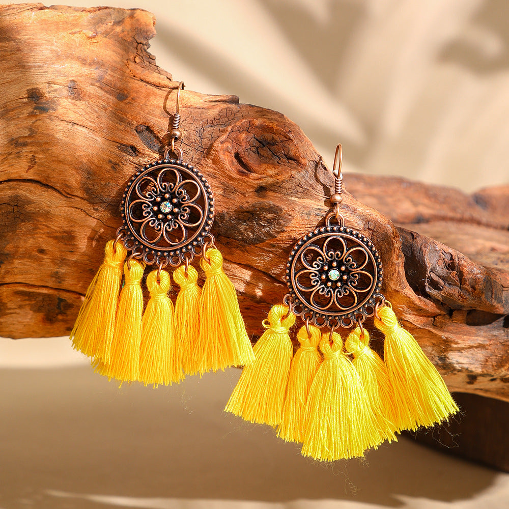 Colar vintage boho-chic com borla em camadas de madeira e brincos 319