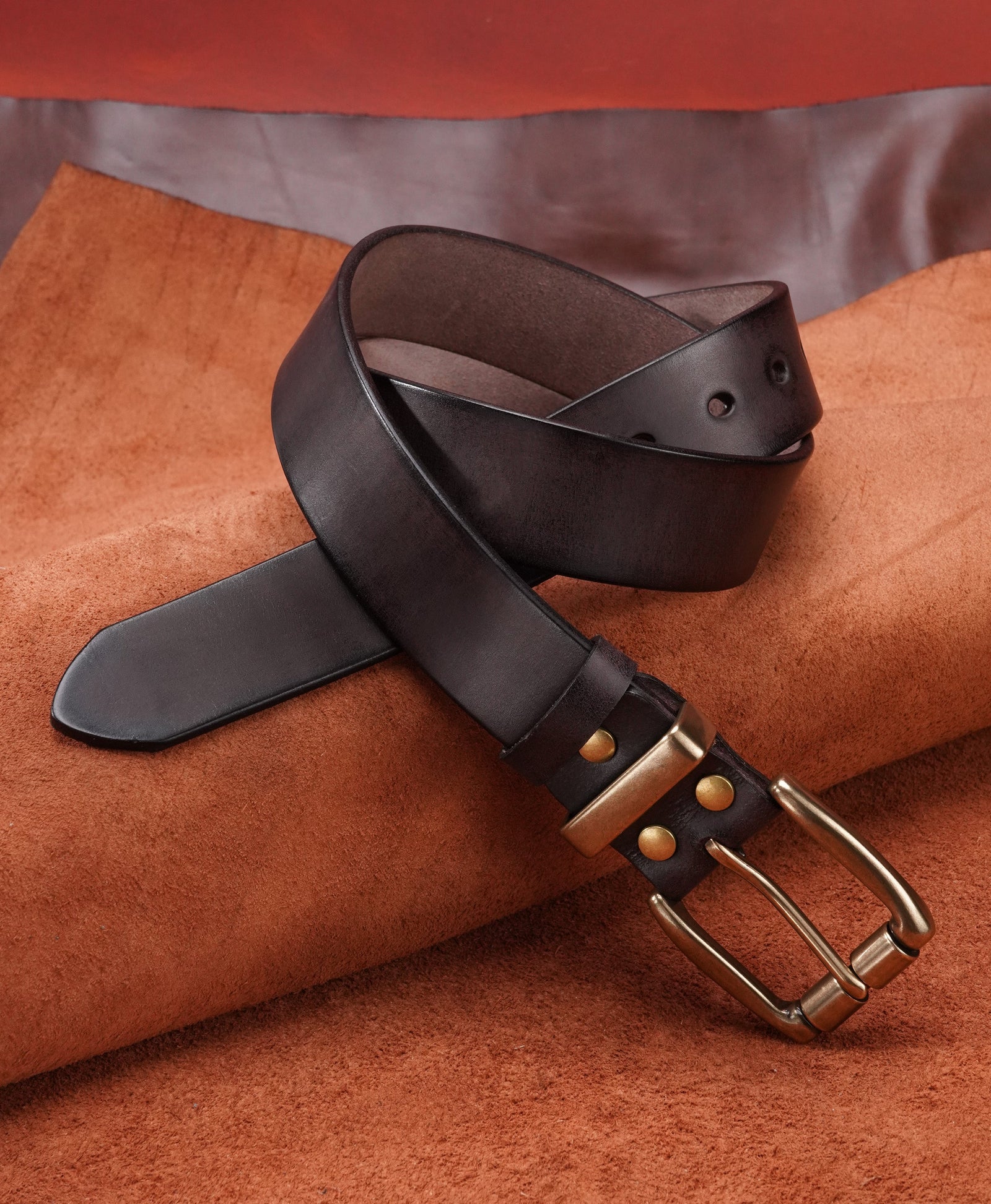 Dark Brown Vegetable-Tanned Top-Grain Leather Belt with Heavy Brass Buckle - product view 8