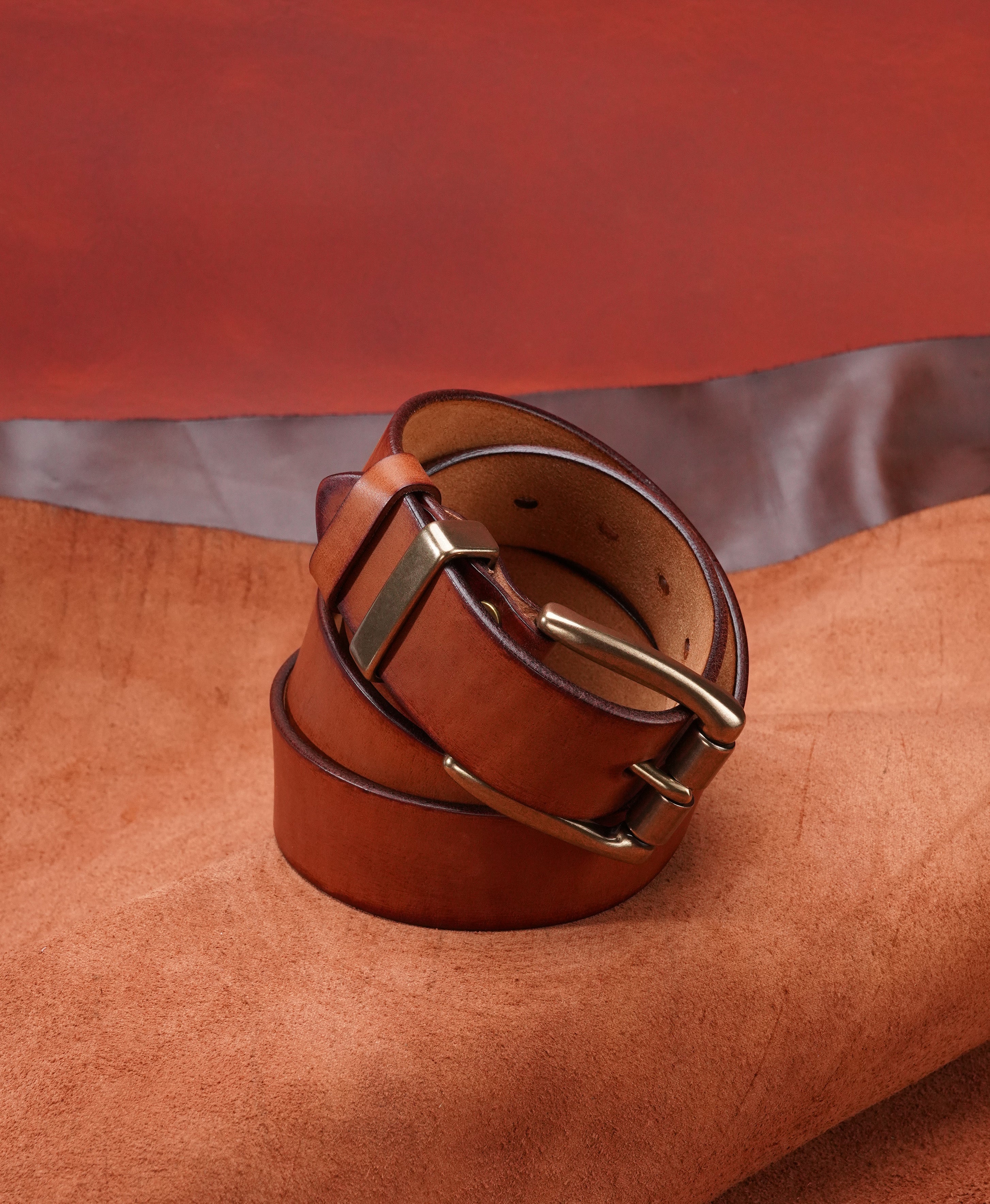 Chestnut Vegetable-Tanned Top-Grain Leather Belt with Heavy Brass Buckle - product view 9