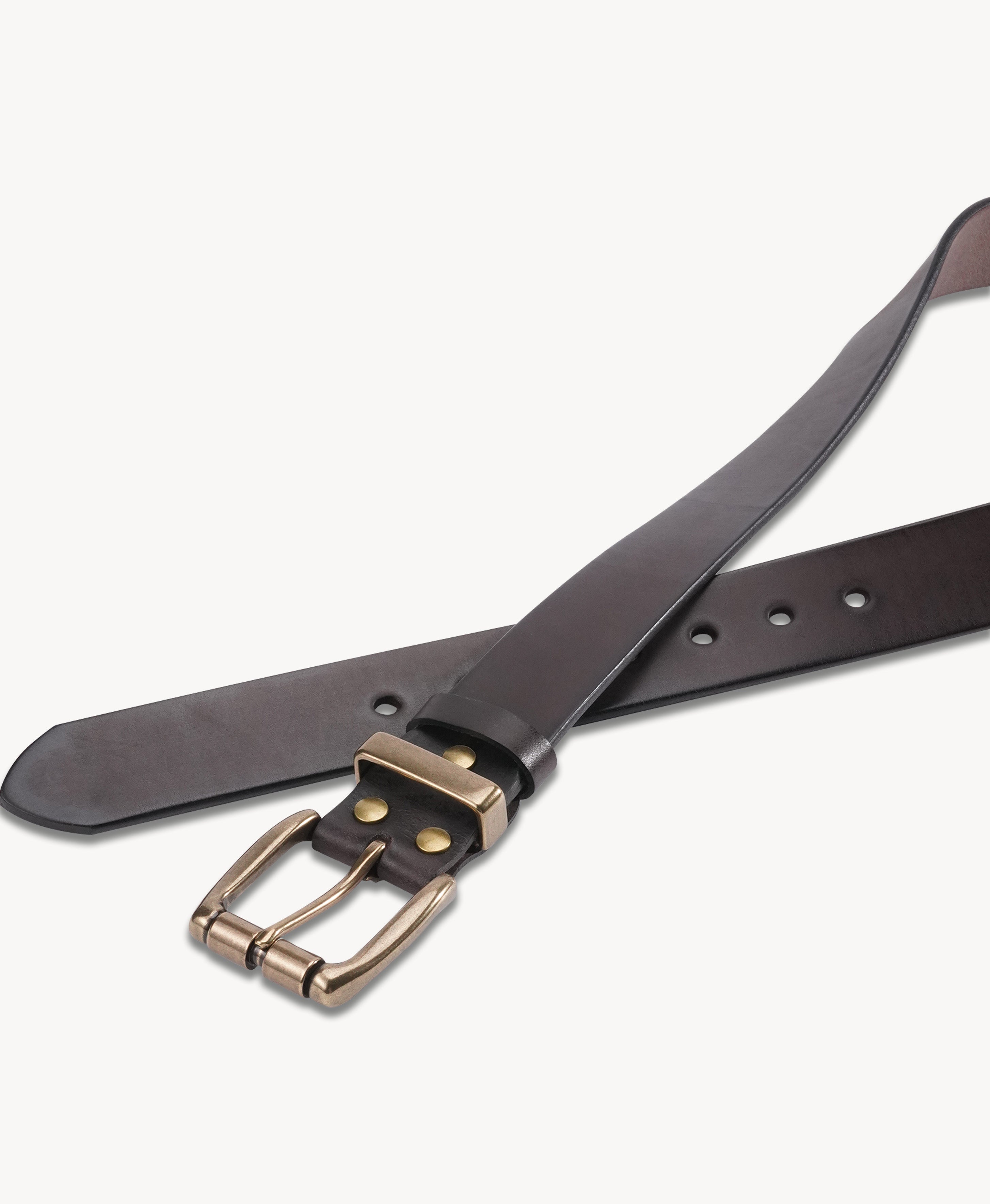 Dark Brown Vegetable-Tanned Top-Grain Leather Belt with Heavy Brass Buckle - product view 5