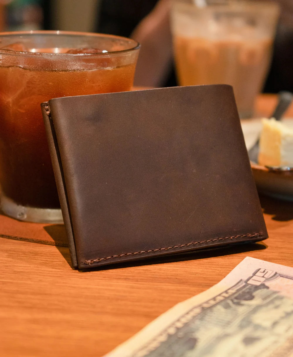 Crazy Horse leather bifold wallet lifestyle detail