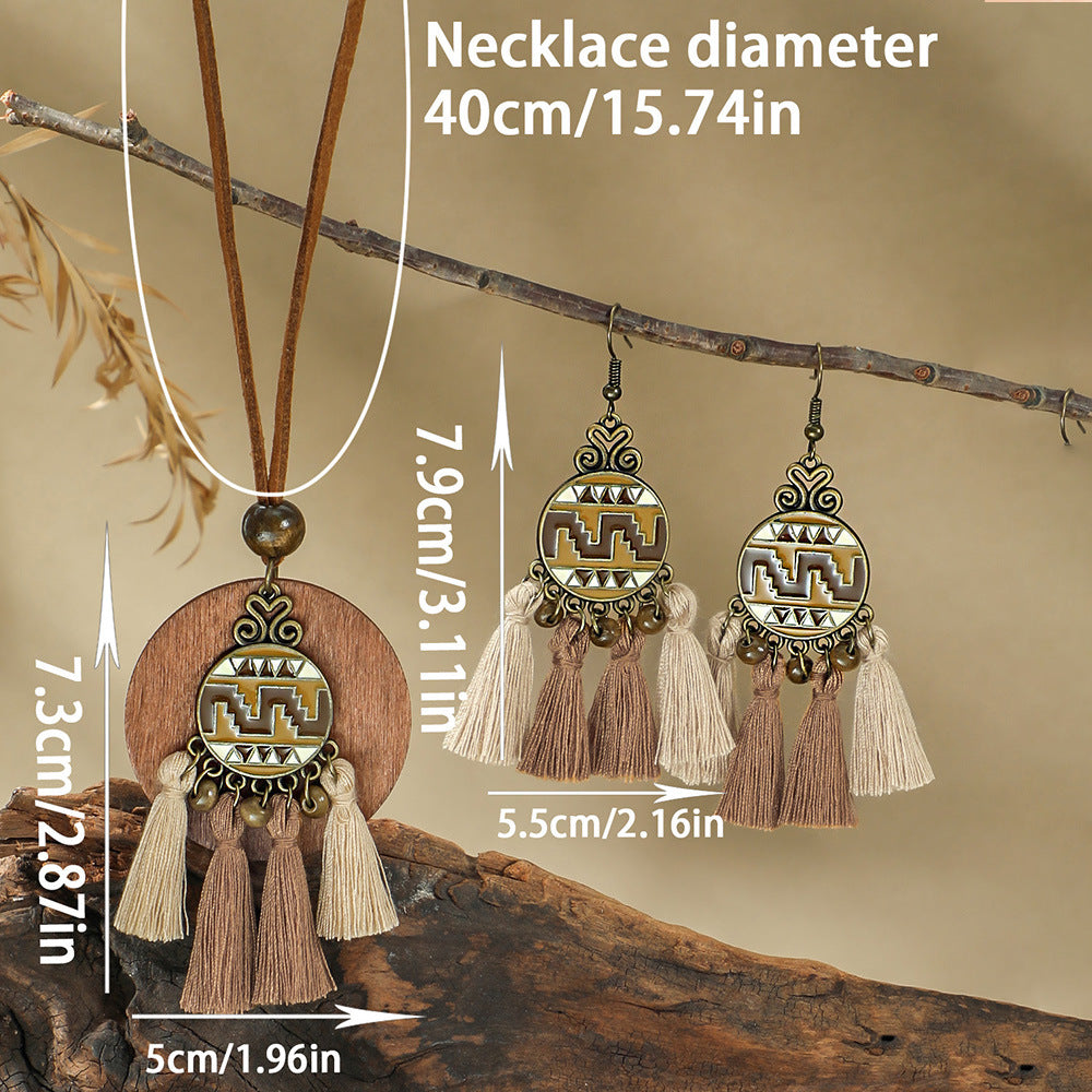 Conjunto de joyería bohemia vintage de madera para mujer – Collar & Pendientes