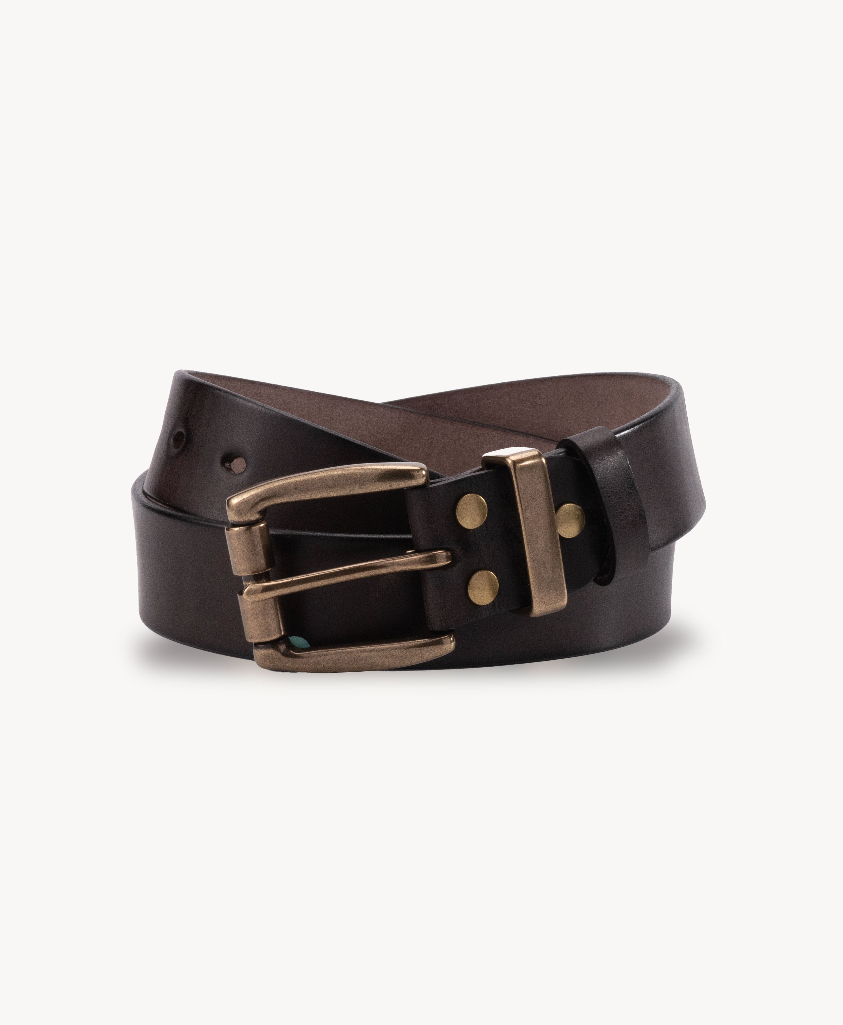 Dark Brown Vegetable-Tanned Top-Grain Leather Belt with Heavy Brass Buckle - product view 2