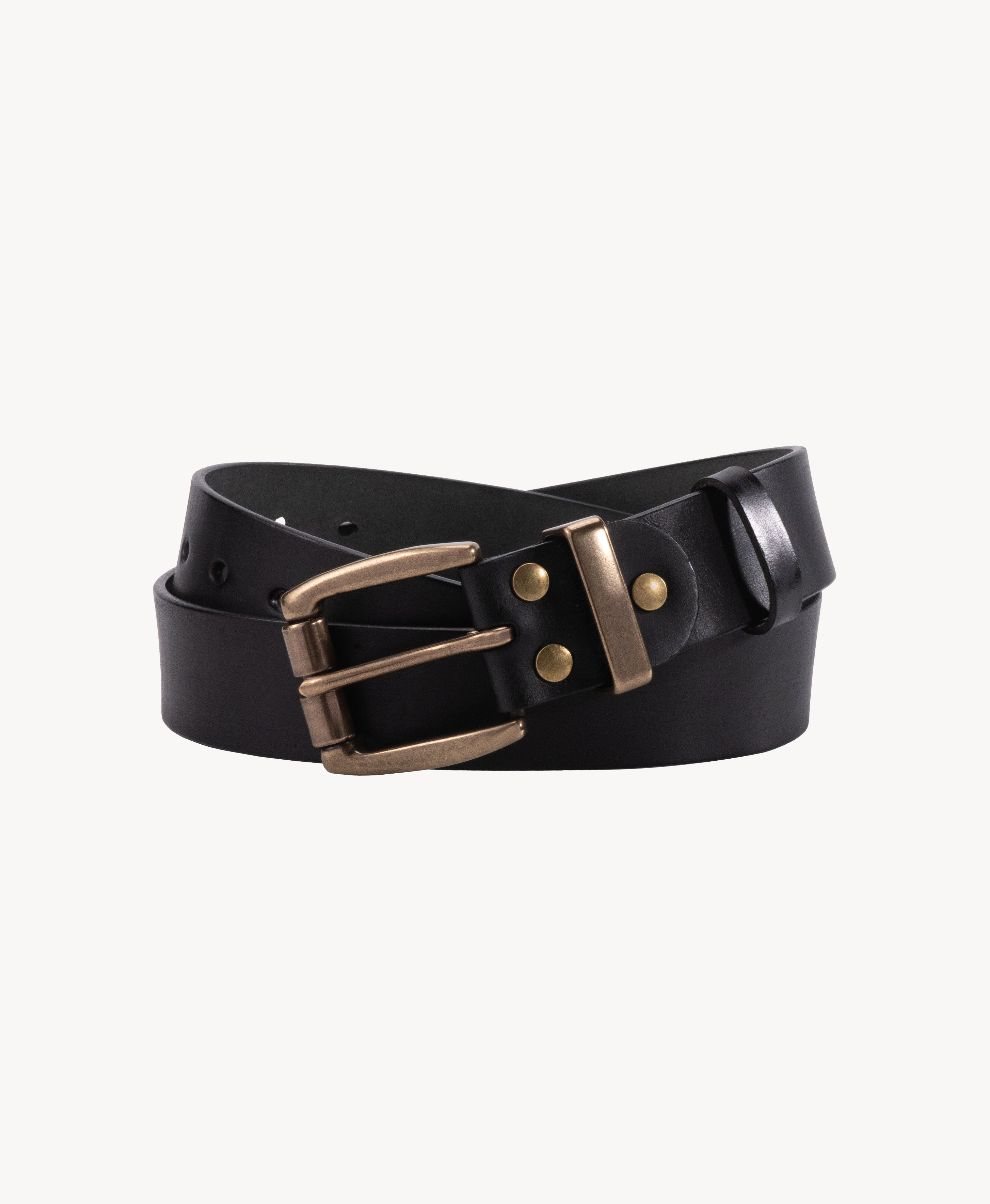Black Vegetable-Tanned Top-Grain Leather Belt with Heavy Brass Buckle - product view 3