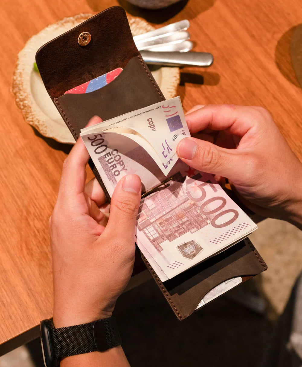 Crazy Horse leather money clip card wallet lifestyle detail