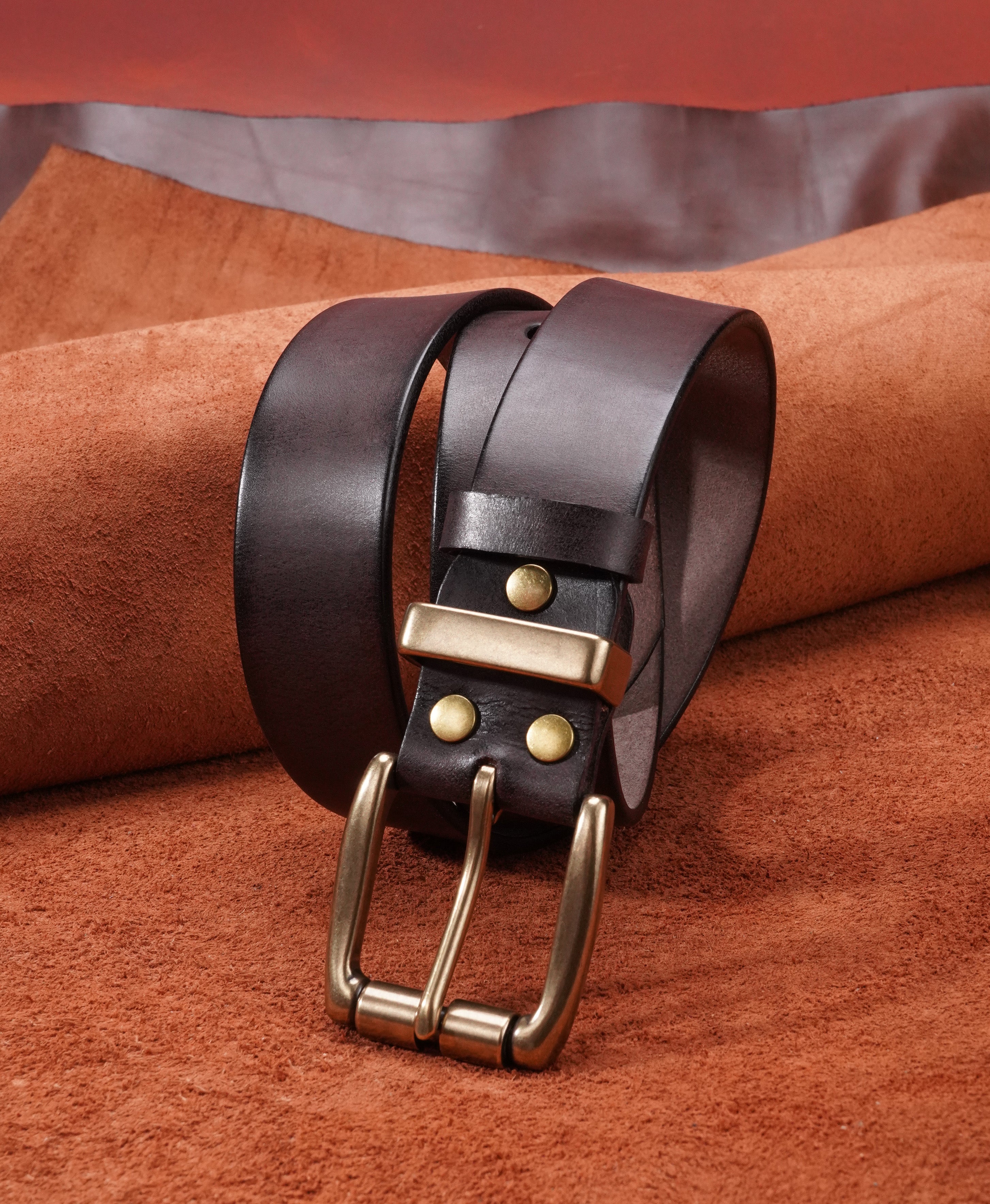 Dark Brown Vegetable-Tanned Top-Grain Leather Belt with Heavy Brass Buckle - product view 7