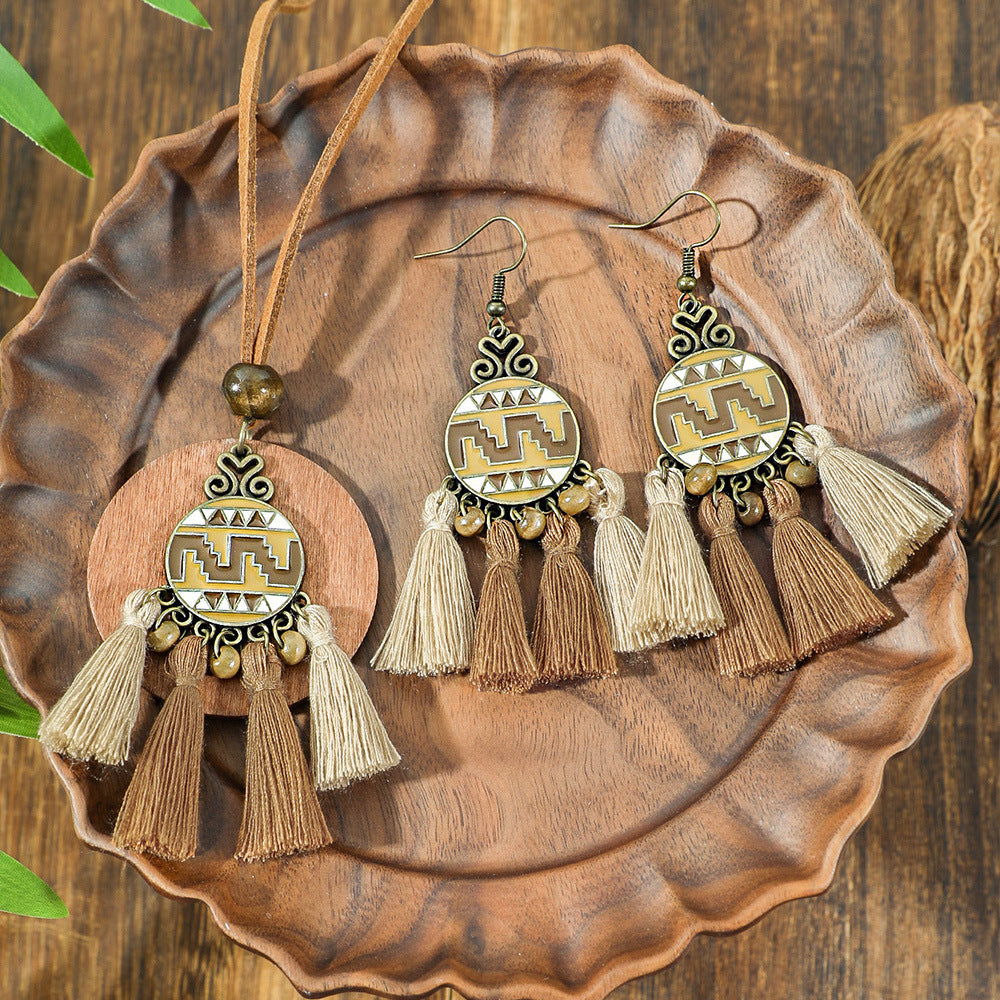 Conjunto de joyería bohemia vintage de madera para mujer – Collar & Pendientes