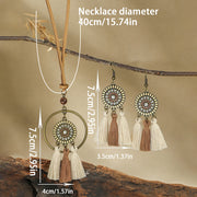 Conjunto de joyería bohemia vintage de madera para mujer - Collar & Pendientes | Mini Borla Redonda
