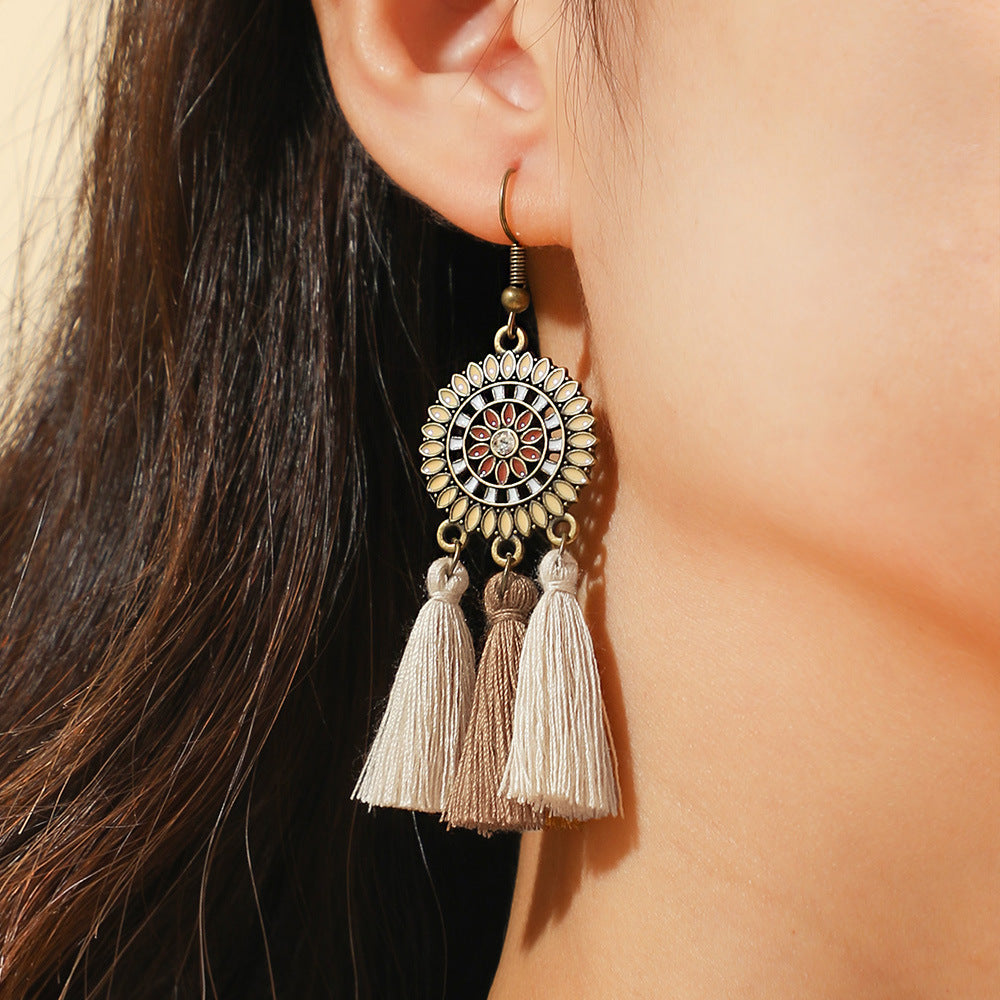 Bohémská vintage sada dřevěných šperků pro ženy – Náhrdelník & Náušnice | Mini kulatý střapec