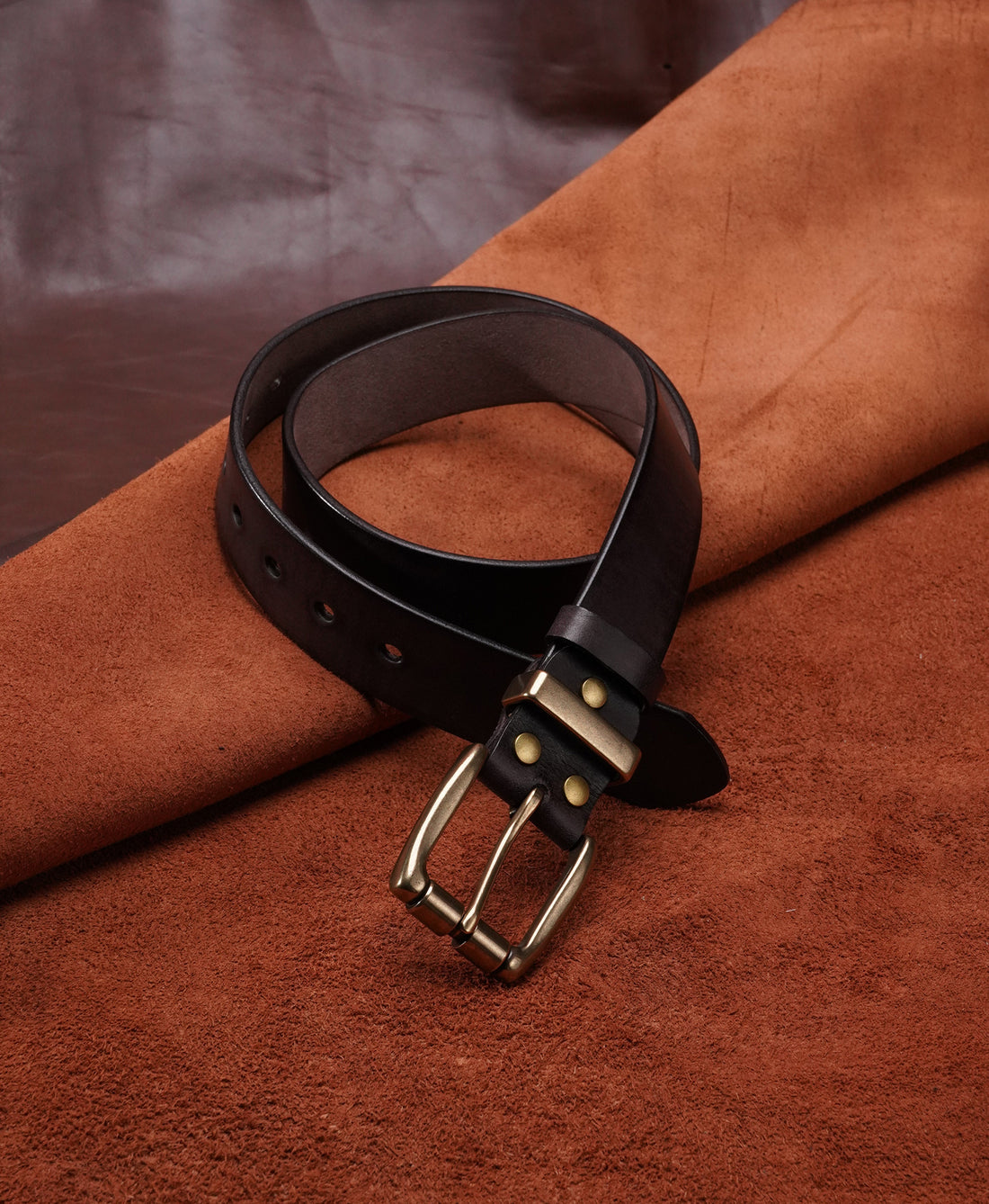 Dark Brown Vegetable-Tanned Top-Grain Leather Belt with Heavy Brass Buckle - product view 9