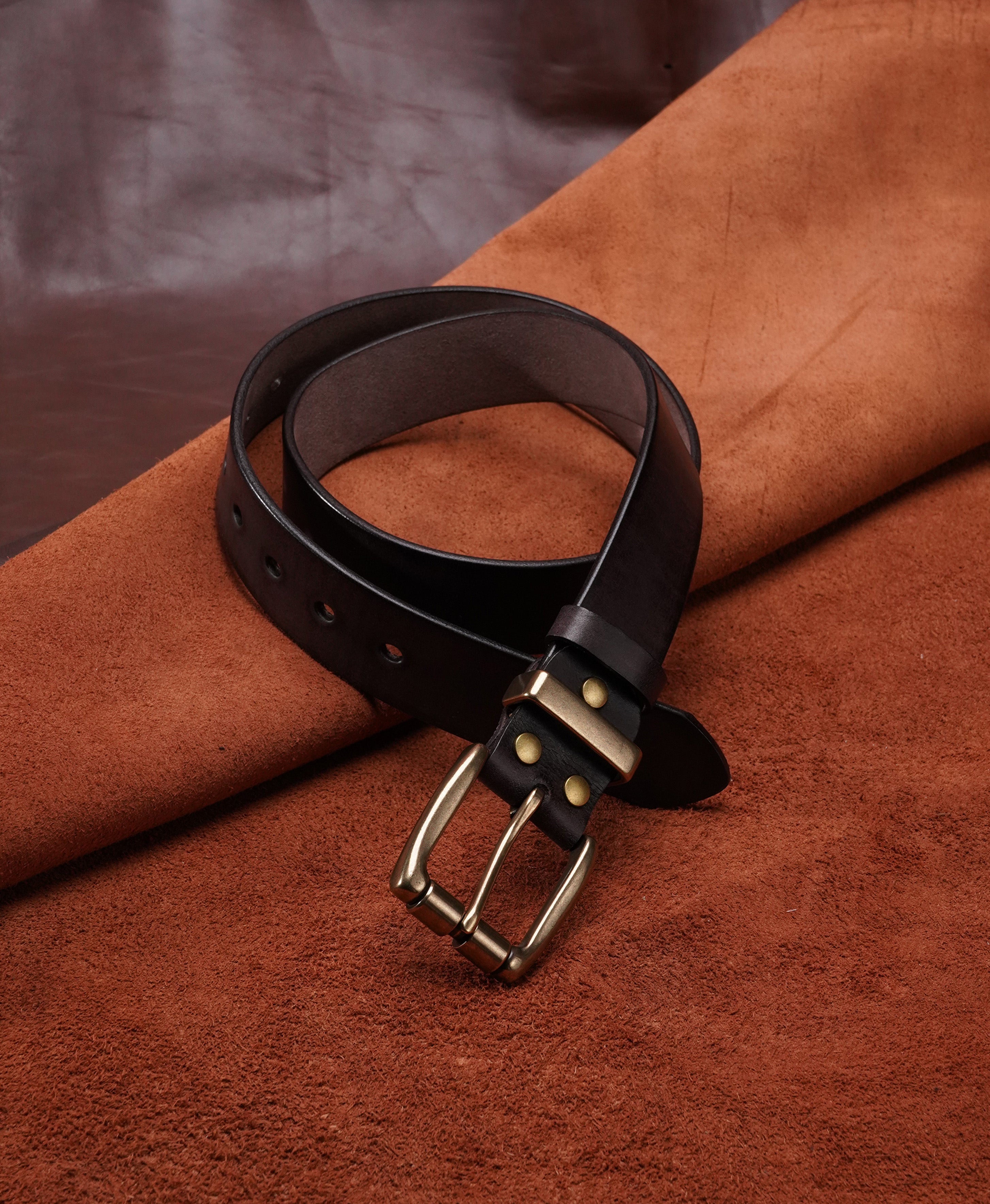 Dark Brown Vegetable-Tanned Top-Grain Leather Belt with Heavy Brass Buckle - product view 9