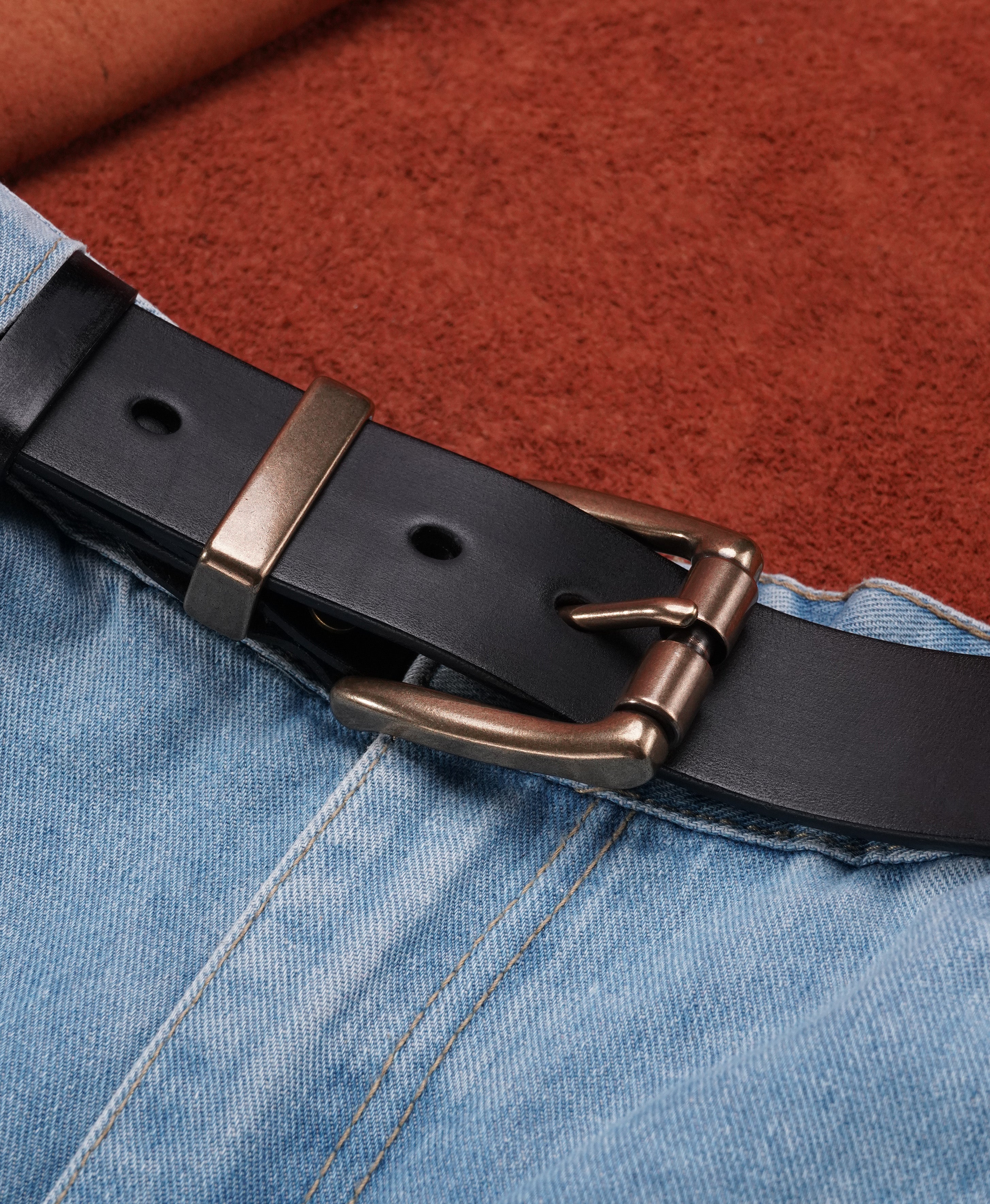 Black Vegetable-Tanned Top-Grain Leather Belt with Heavy Brass Buckle - product view 12