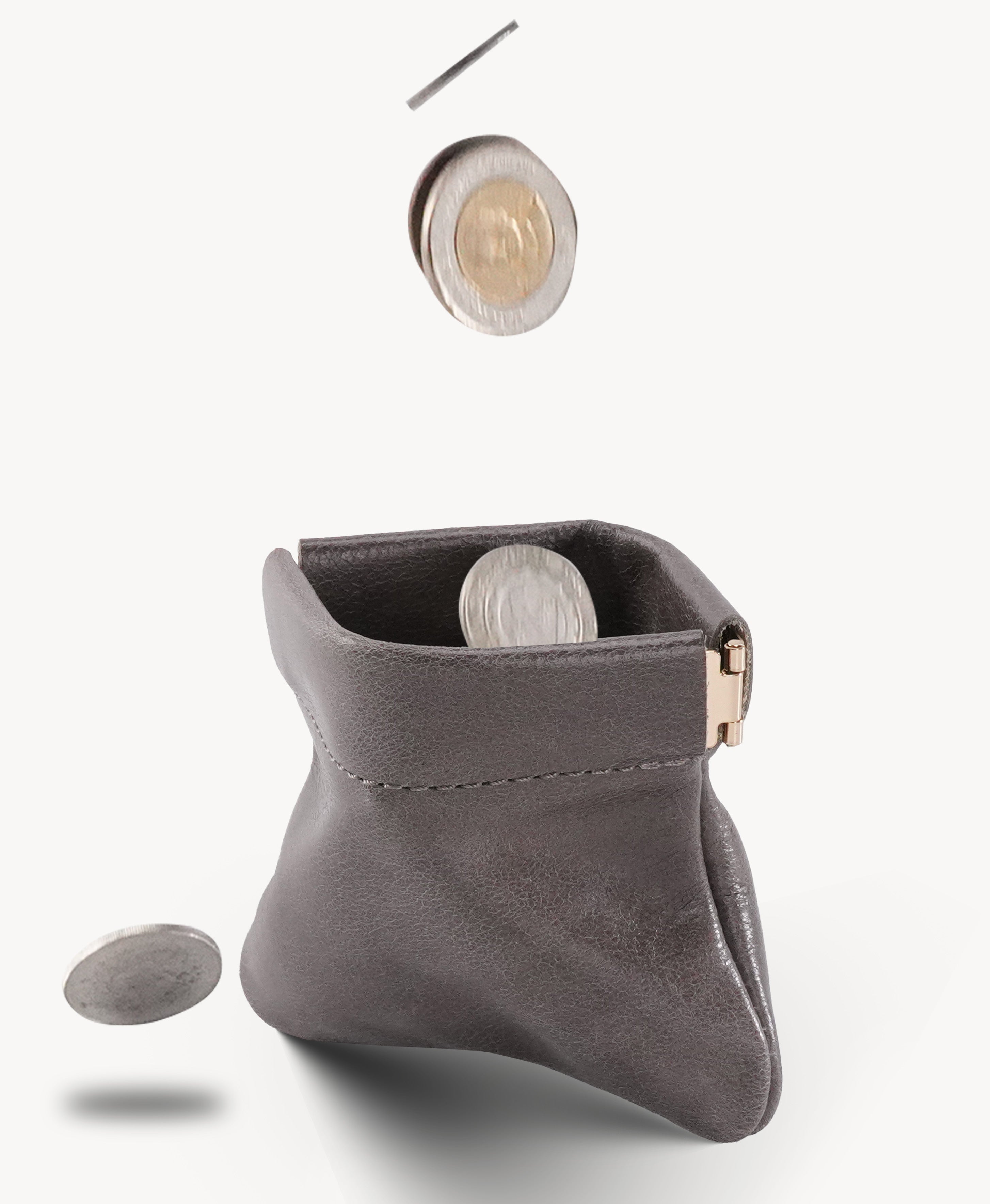 Grey Handcrafted Leather Spring-Top Coin Purse - product view 4