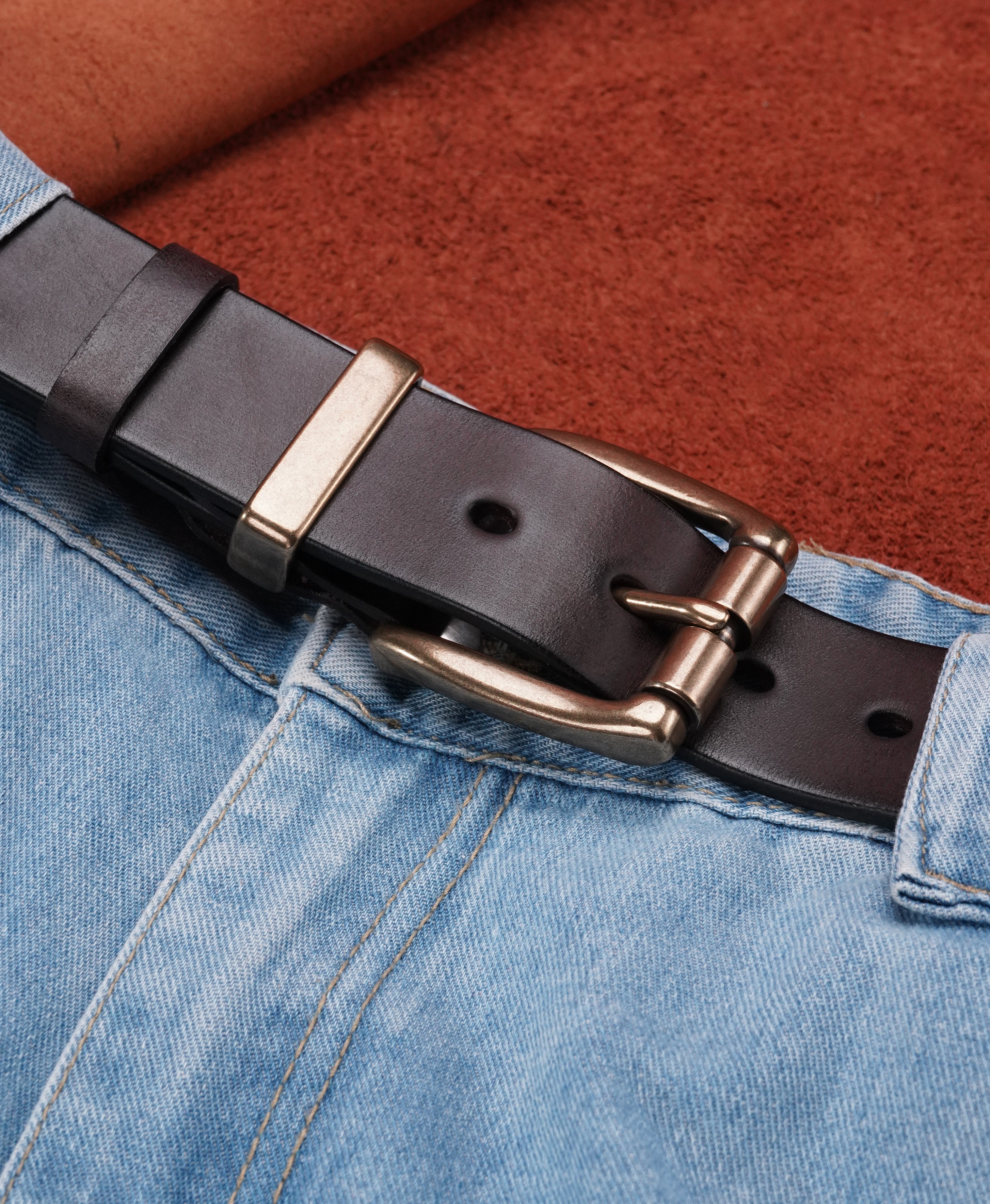 Black Vegetable-Tanned Top-Grain Leather Belt with Heavy Brass Buckle - product view 13