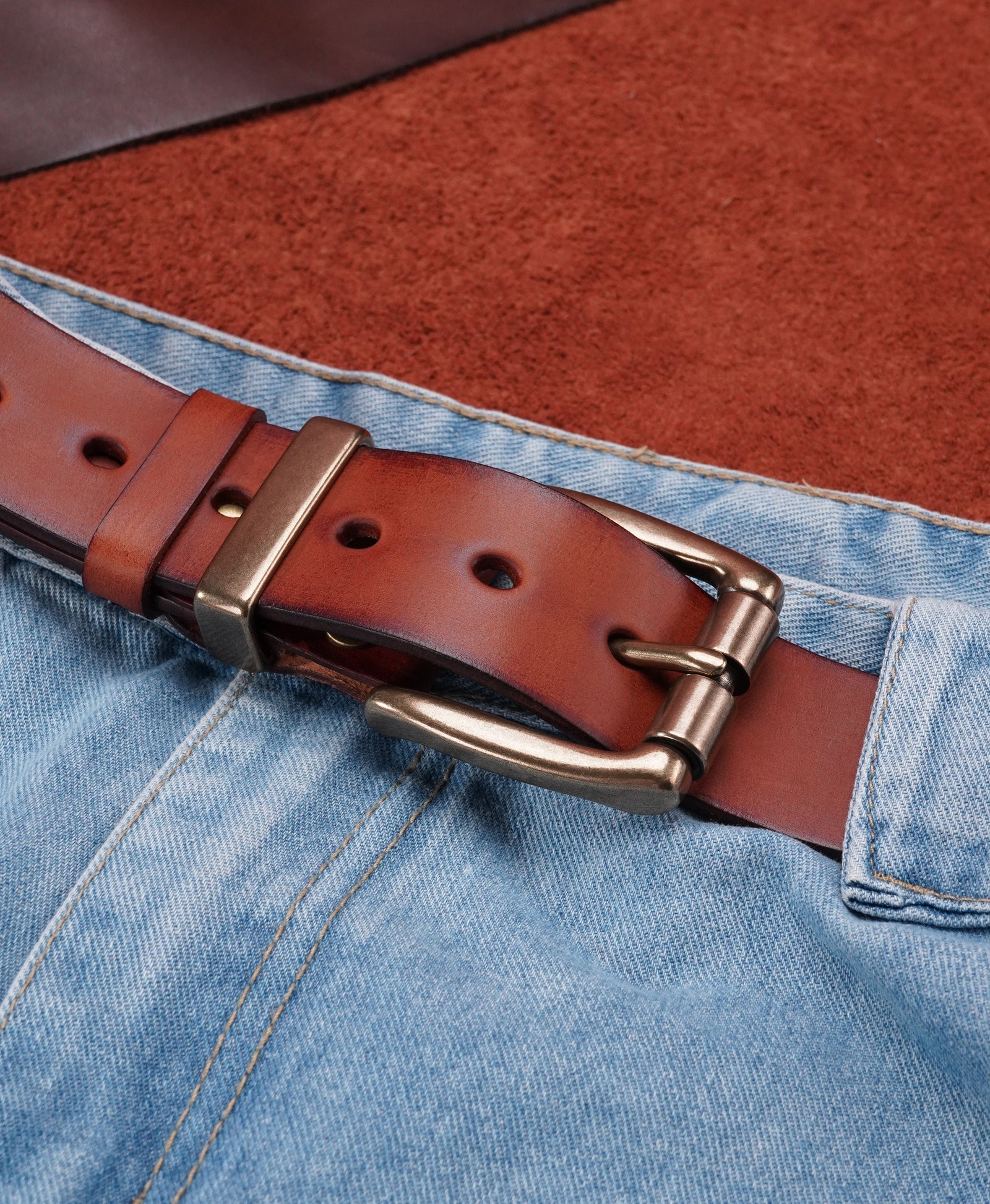 Chestnut Vegetable-Tanned Top-Grain Leather Belt with Heavy Brass Buckle - product view 14