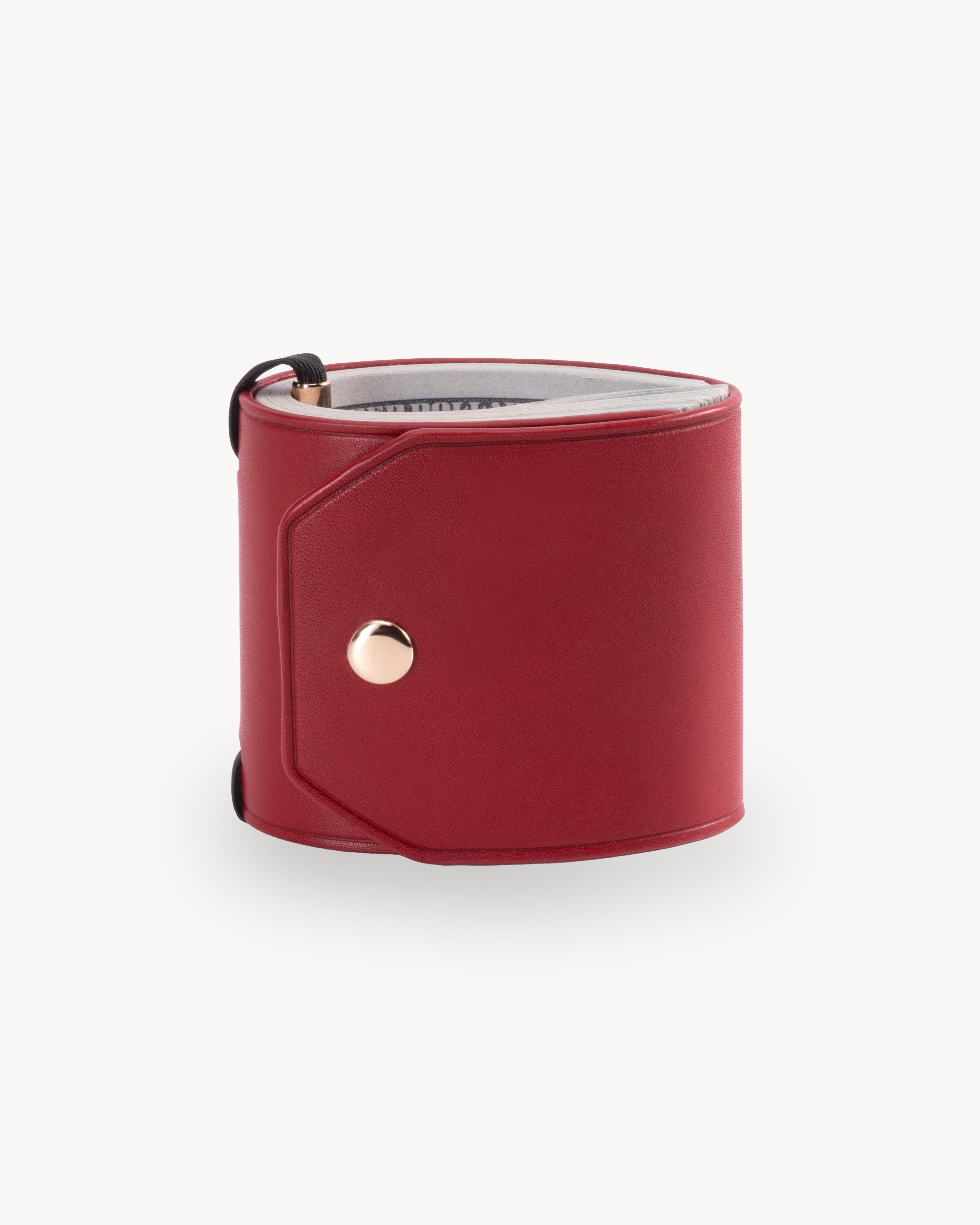 Red full grain leather cash wrap wallet detail view 4