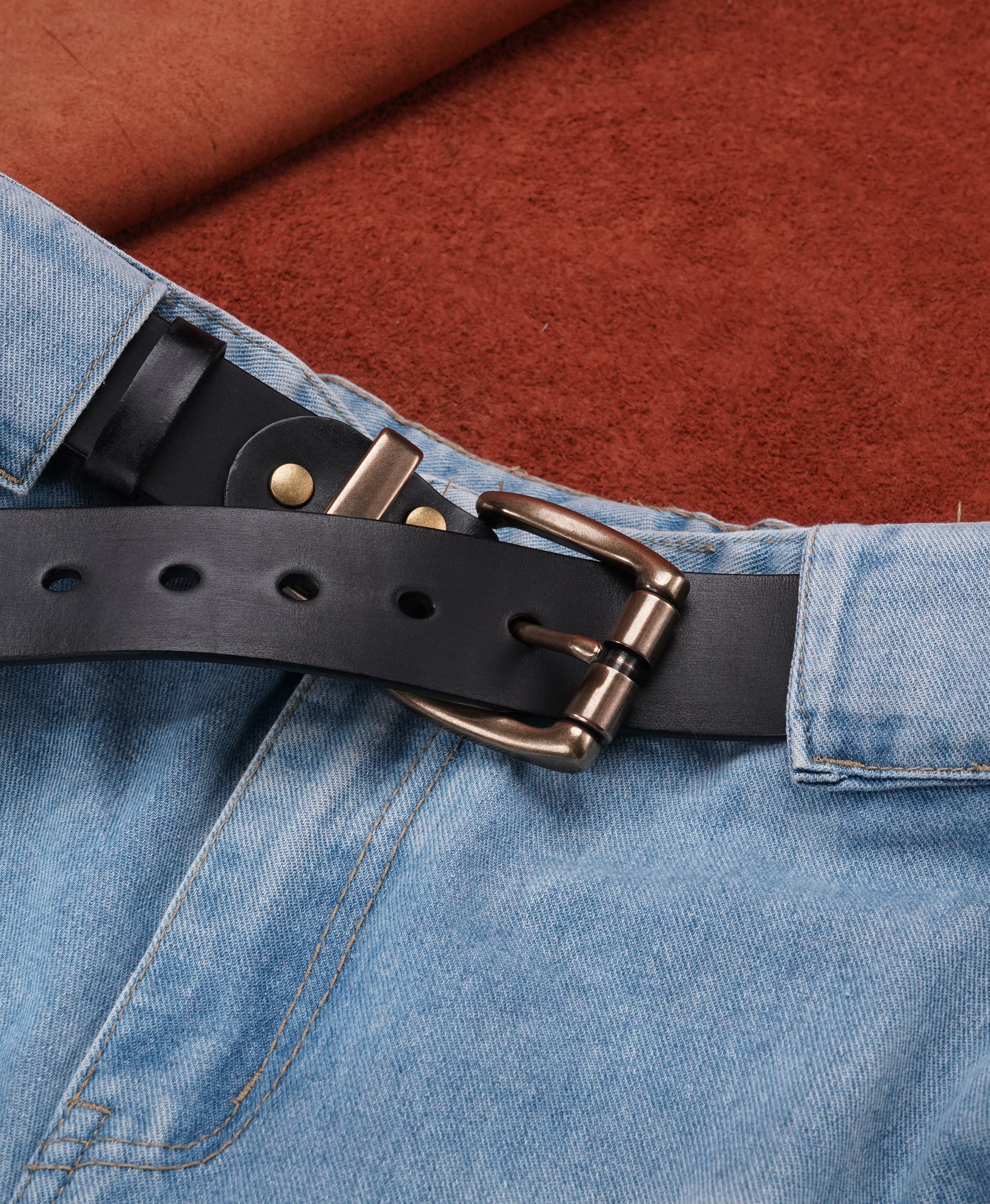Black Vegetable-Tanned Top-Grain Leather Belt with Heavy Brass Buckle - product view 16