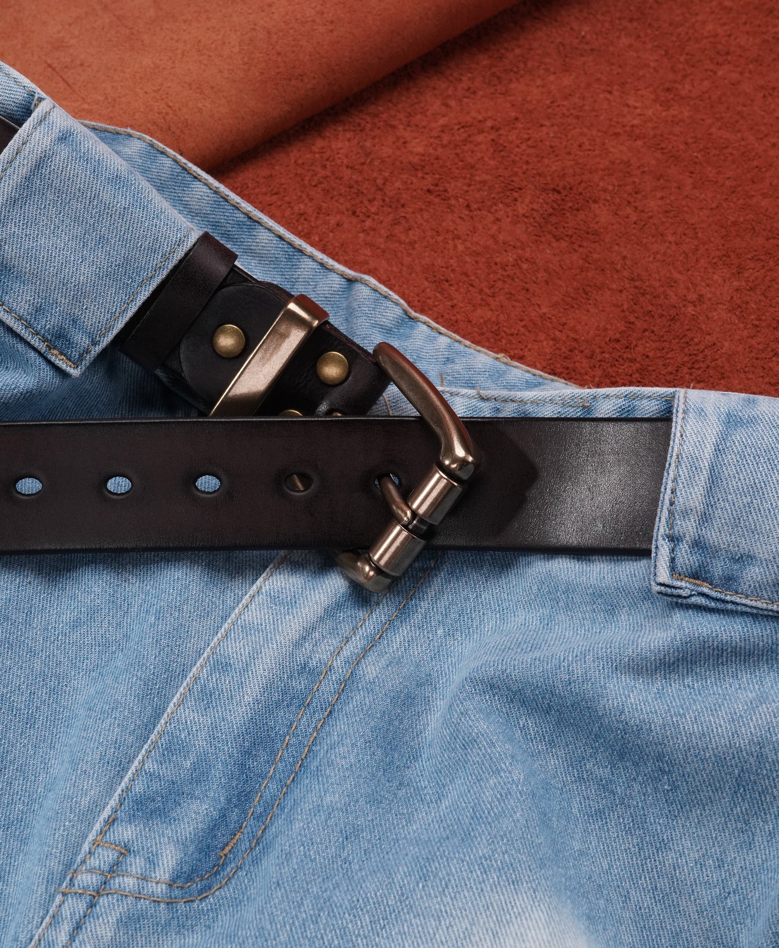Black Vegetable-Tanned Top-Grain Leather Belt with Heavy Brass Buckle - product view 14