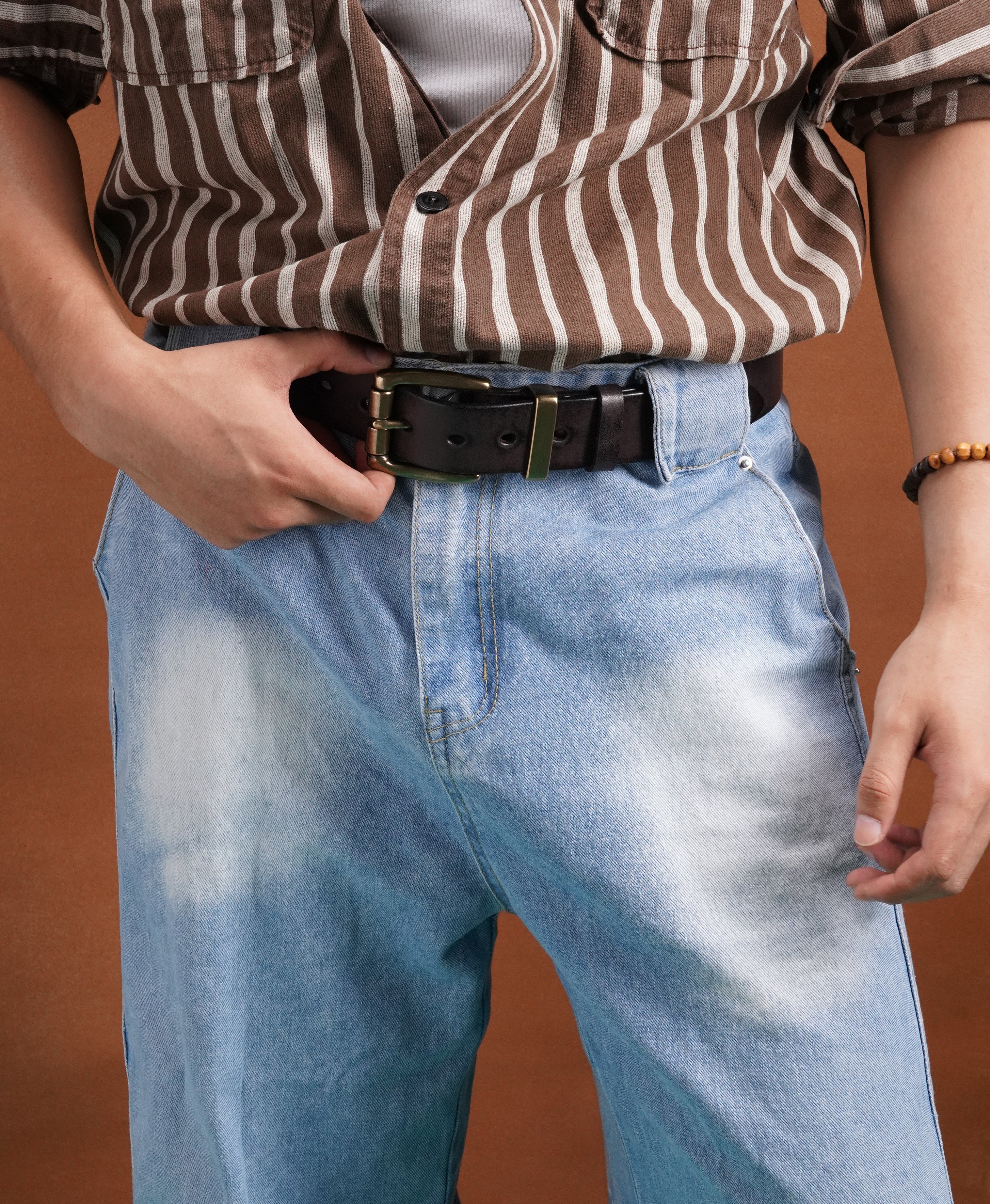 Dark Brown Vegetable-Tanned Top-Grain Leather Belt with Heavy Brass Buckle - product view 10