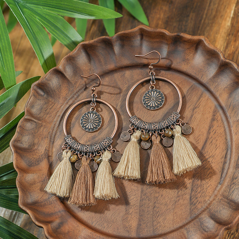Bohemian Vintage træsmykkesæt til kvinder – Halskæde & Øreringe | Rund kvast