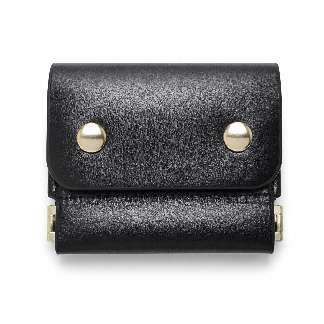 Black handmade vegetable-tanned leather trifold coin wallet front view