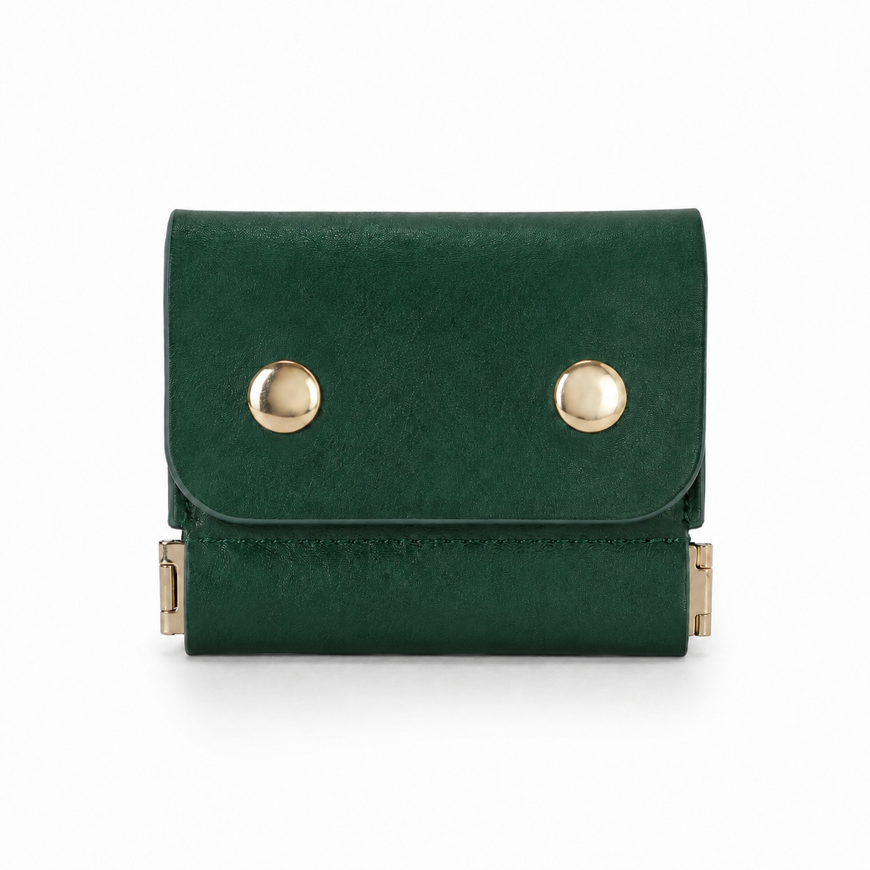 Green handmade vegetable-tanned leather trifold coin wallet front view