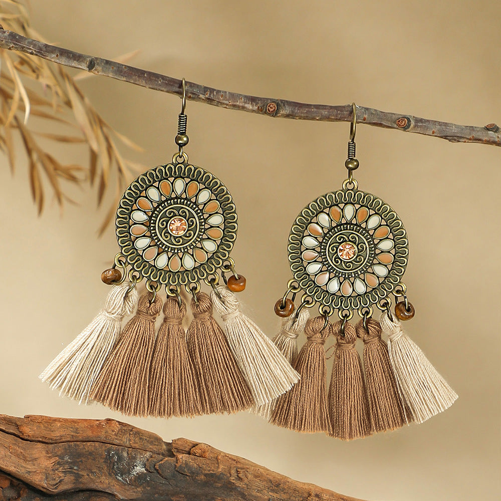 Boho-chic vintage trälager tofshalsband med örhängen 344