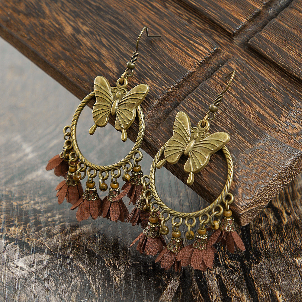 Boho-chic Vintage dřevěný vrstvený střapcový náhrdelník s náušnicemi 0435