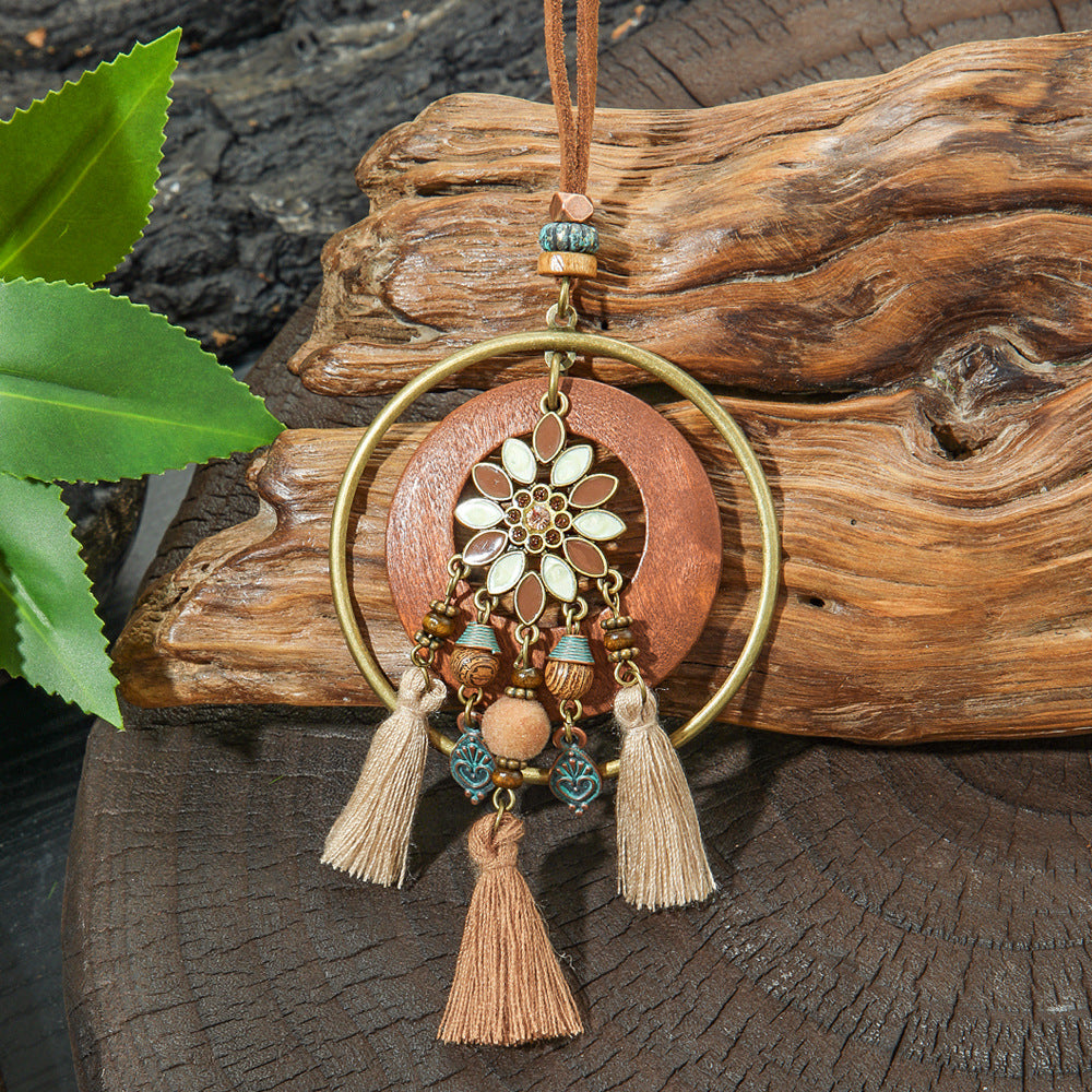 Boho-chic vintage trälager tofshalsband med örhängen 345