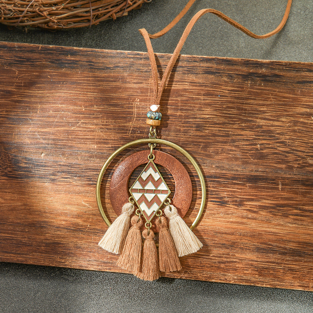 Boho-chic vintage trälager tofshalsband med örhängen 339