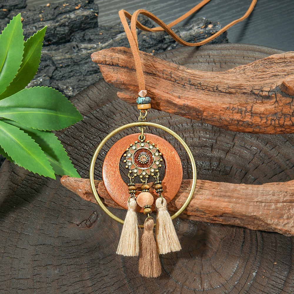 Boho-chic vintage trälager tofshalsband med örhängen 342