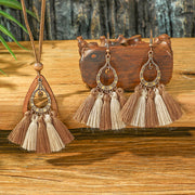 Colar Boho-chic vintage com borla em camadas de madeira e brincos 035