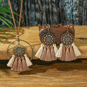 Colar boho-chic vintage com borla em camadas de madeira e brincos 055