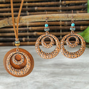 Colar boho-chic vintage com borla em camadas de madeira e brincos 215