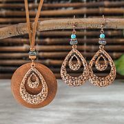 Colar boho-chic vintage com borla em camadas de madeira e brincos 226