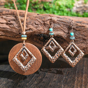 Colar boho-chic vintage com borla em camadas de madeira e brincos 231