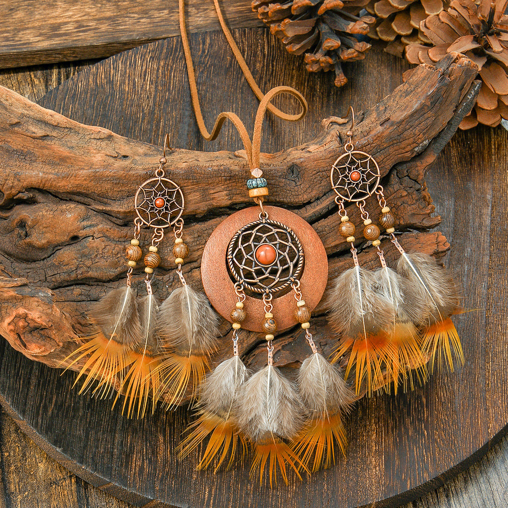 Boho-Chic-Vintage-Halskette mit mehrlagigen Quasten aus Holz und Ohrringen 247