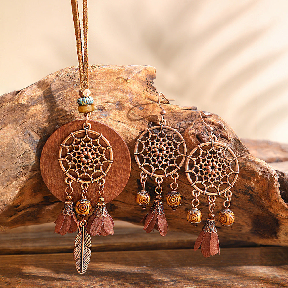 Boho-Chic-Vintage-Halskette mit mehrlagigen Quasten aus Holz und Ohrringen 296