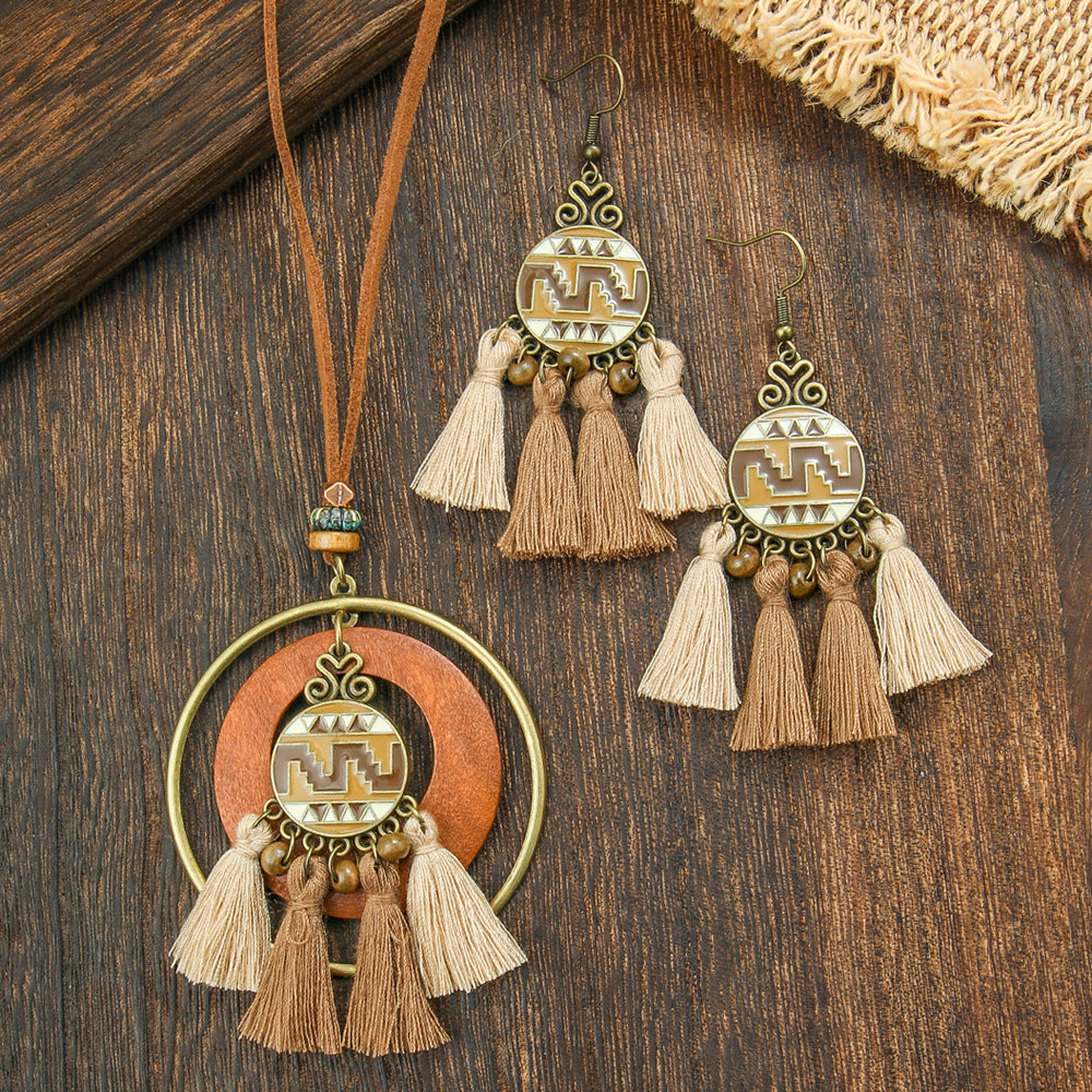 Boho-chic Vintage dřevěný vrstvený střapcový náhrdelník s náušnicemi 340