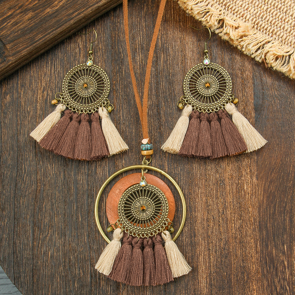 Boho-chic Vintage dřevěný vrstvený střapcový náhrdelník s náušnicemi 343