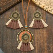 Boho-chic vintage træ lagdelt kvast halskæde med øreringe 343