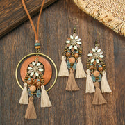 Colar boho-chic vintage com borla em camadas de madeira e brincos 345