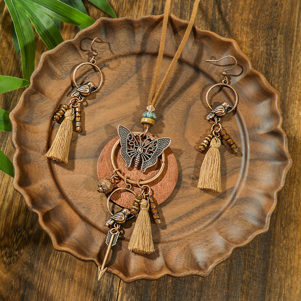 Boho-chic vintage trälager tofshalsband med örhängen 353