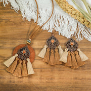 Colar boho-chic vintage com borla em camadas de madeira e brincos 354
